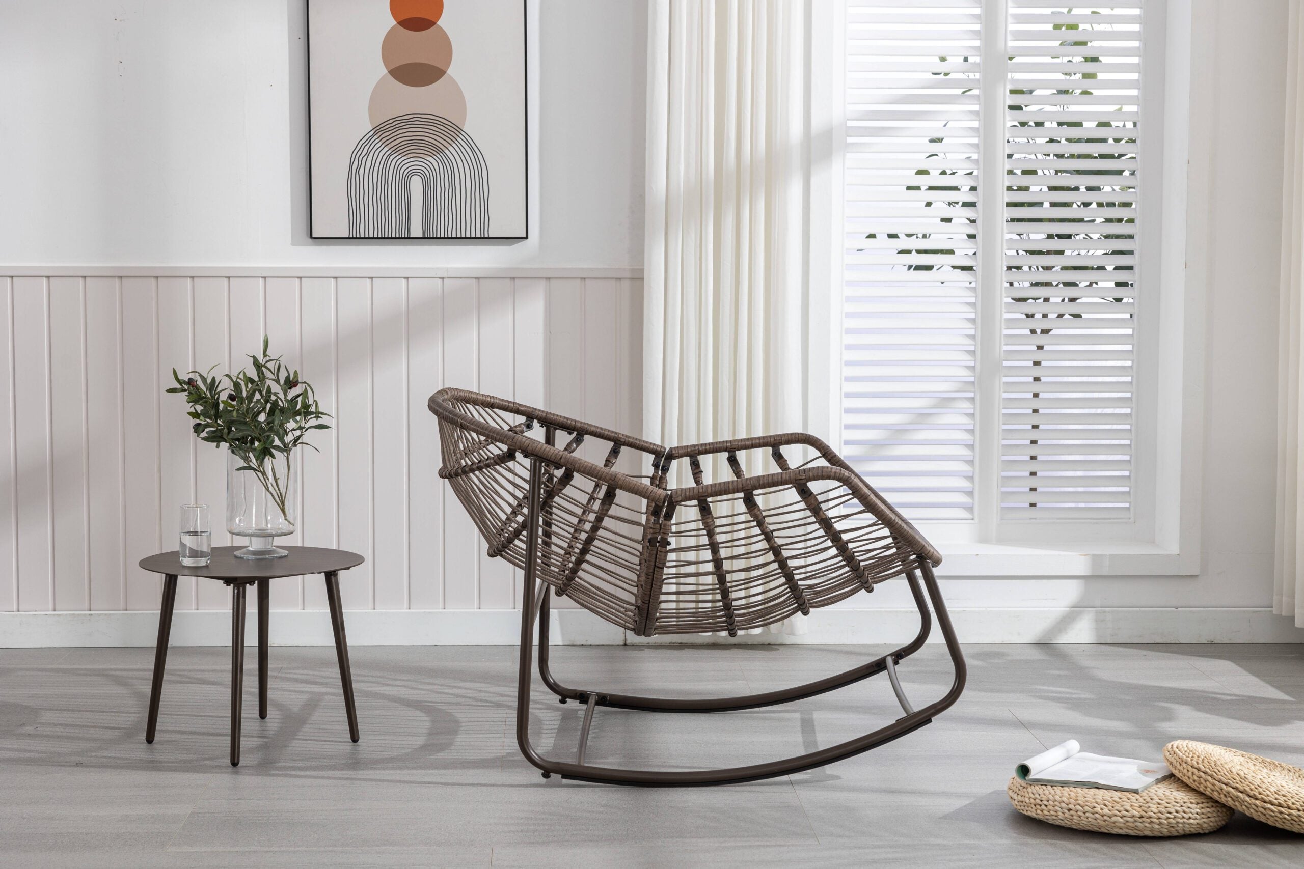 Velvet Outdoor Rattan Rocking Chair,Padded Cushion Rocker Recliner Chair Outdoor for Front Porch
