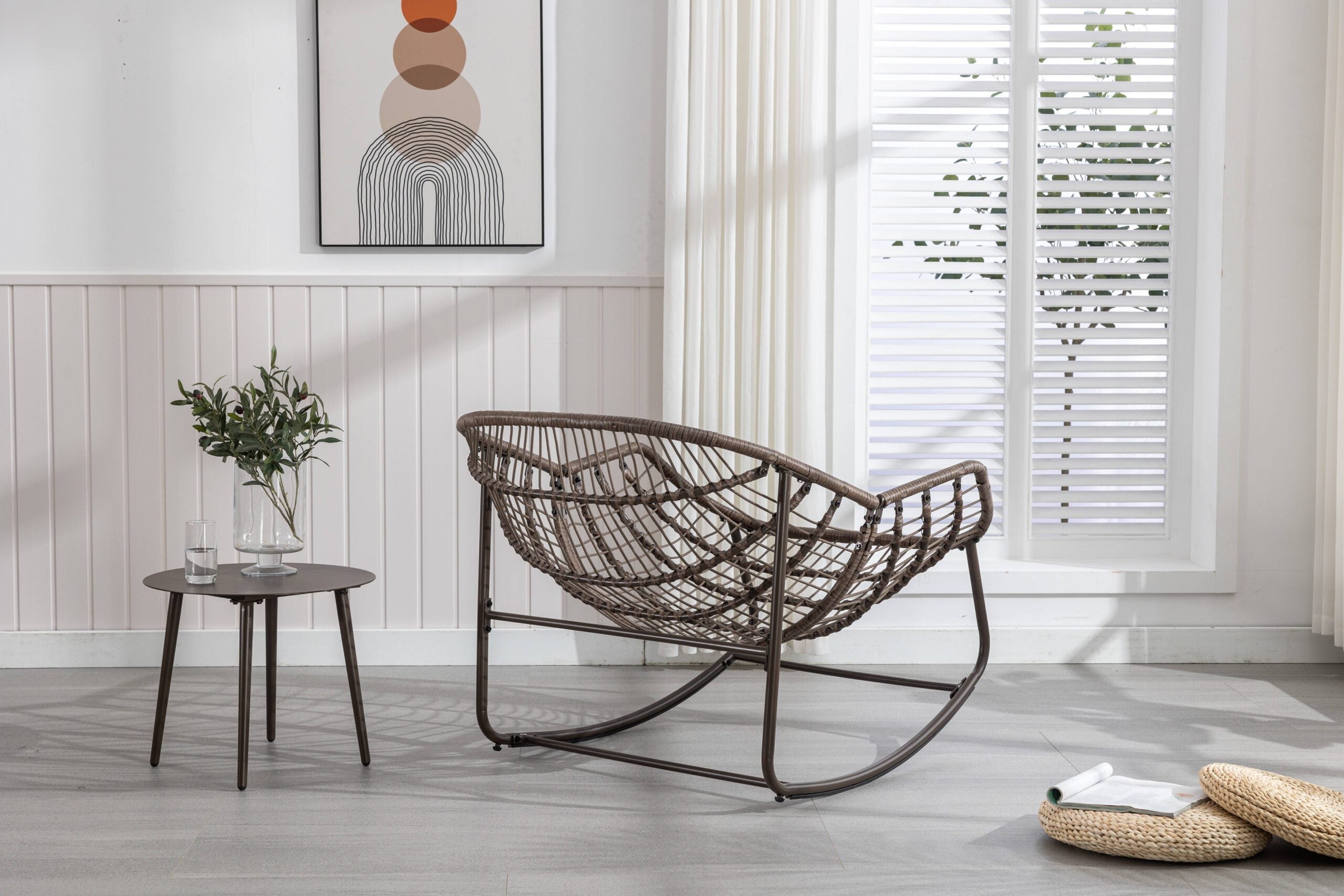 Velvet Outdoor Rattan Rocking Chair,Padded Cushion Rocker Recliner Chair Outdoor for Front Porch