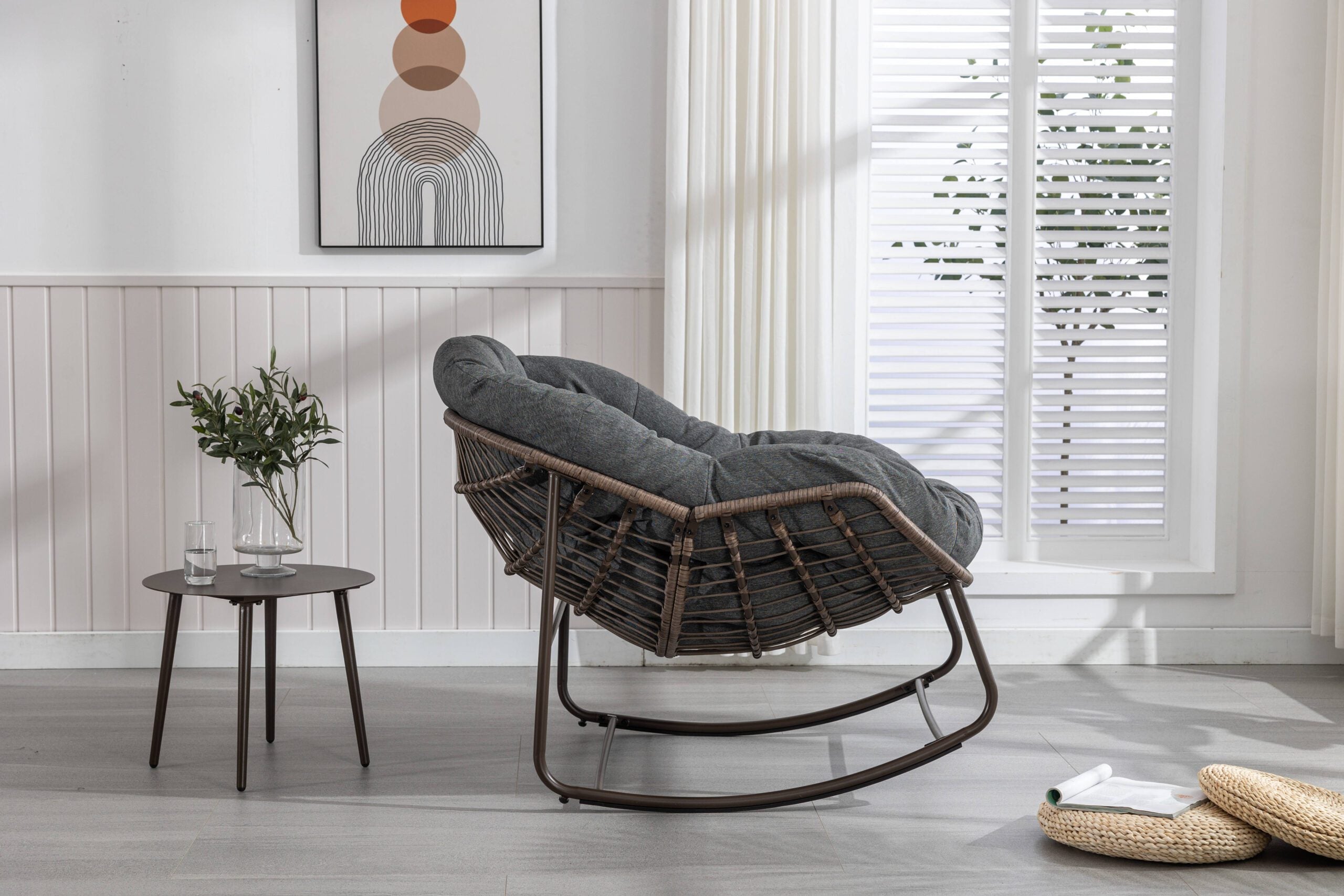 Spun-polyester Outdoor Rattan Rocking Chair,Padded Cushion Rocker Recliner Chair Outdoor for Front Porch
