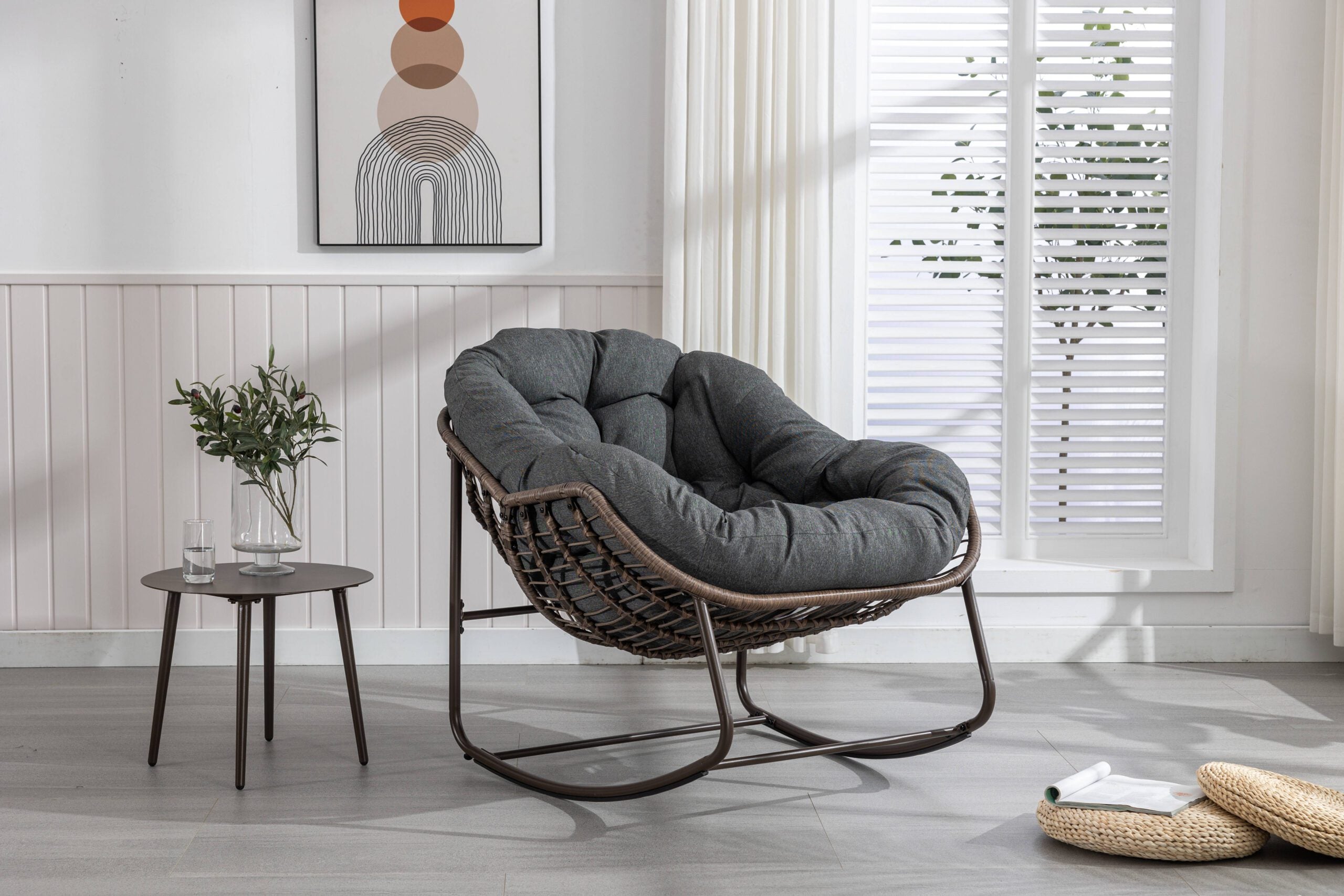 Spun-polyester Outdoor Rattan Rocking Chair,Padded Cushion Rocker Recliner Chair Outdoor for Front Porch