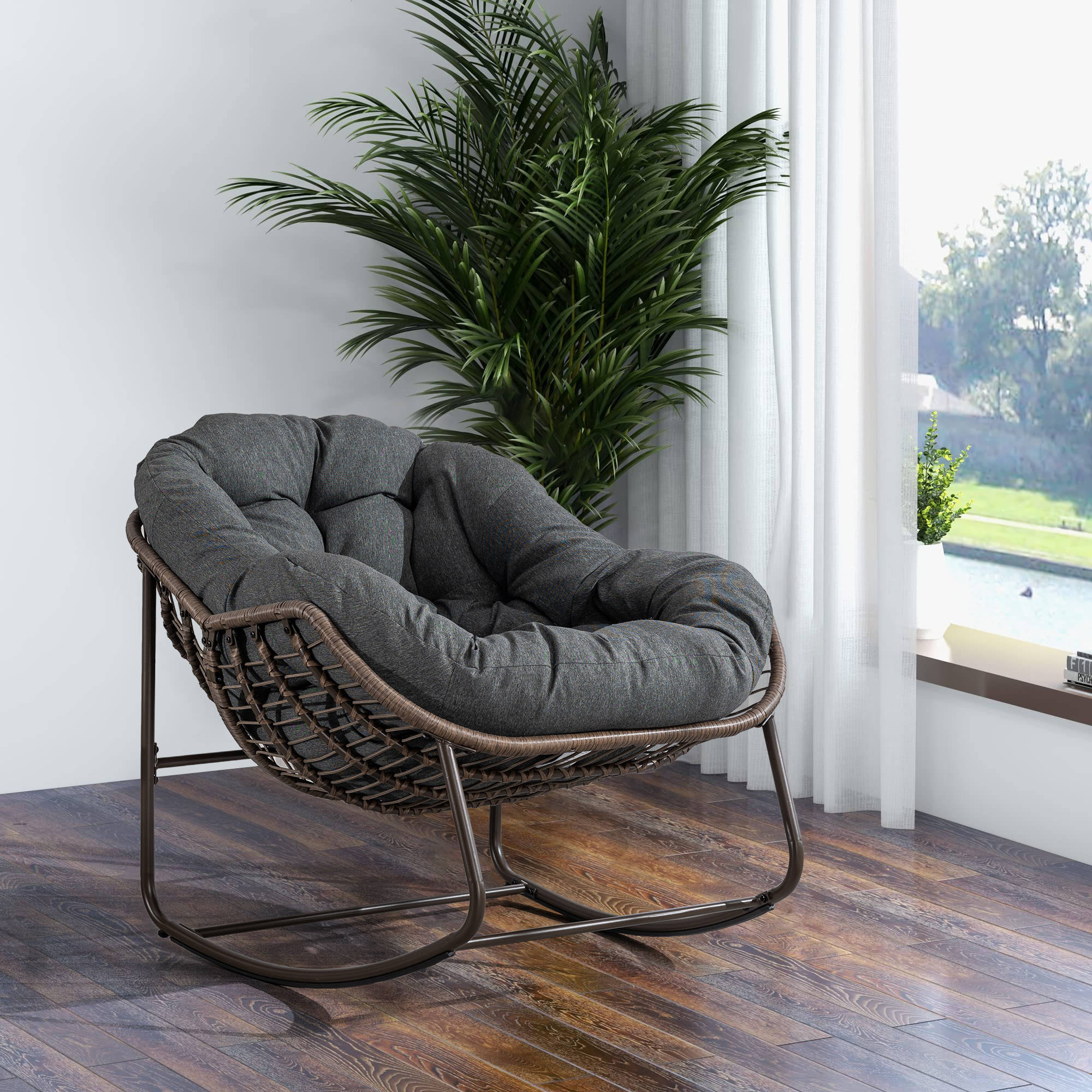 Spun-polyester Outdoor Rattan Rocking Chair,Padded Cushion Rocker Recliner Chair Outdoor for Front Porch Main image