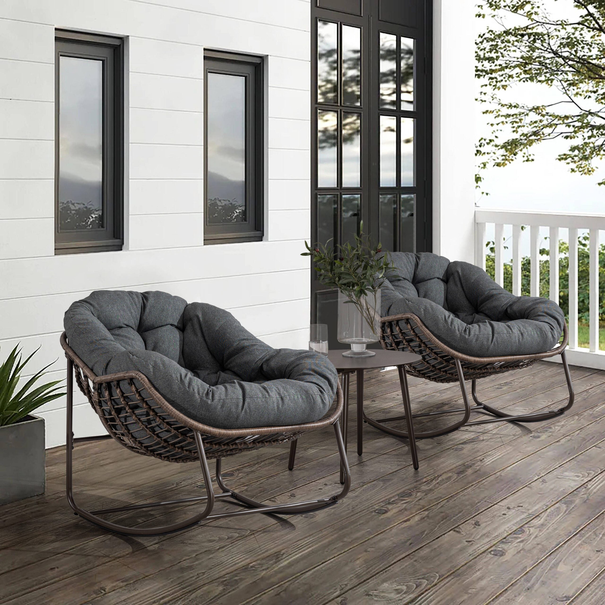 Spun-polyester Outdoor Rattan Rocking Chair,Padded Cushion Rocker Recliner Chair Outdoor for Front Porch Secondary image