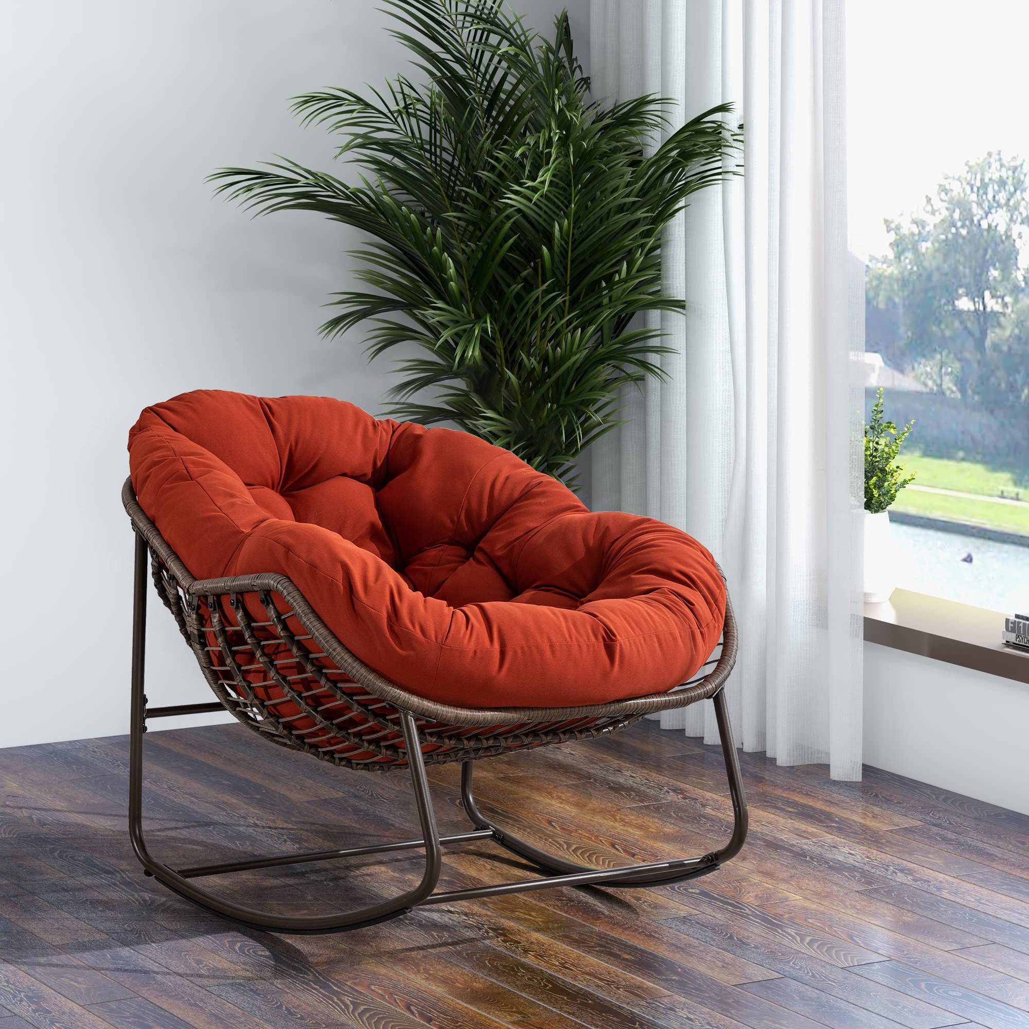 Spun-polyester Outdoor Rattan Rocking Chair,Padded Cushion Rocker Recliner Chair Outdoor for Front Porch