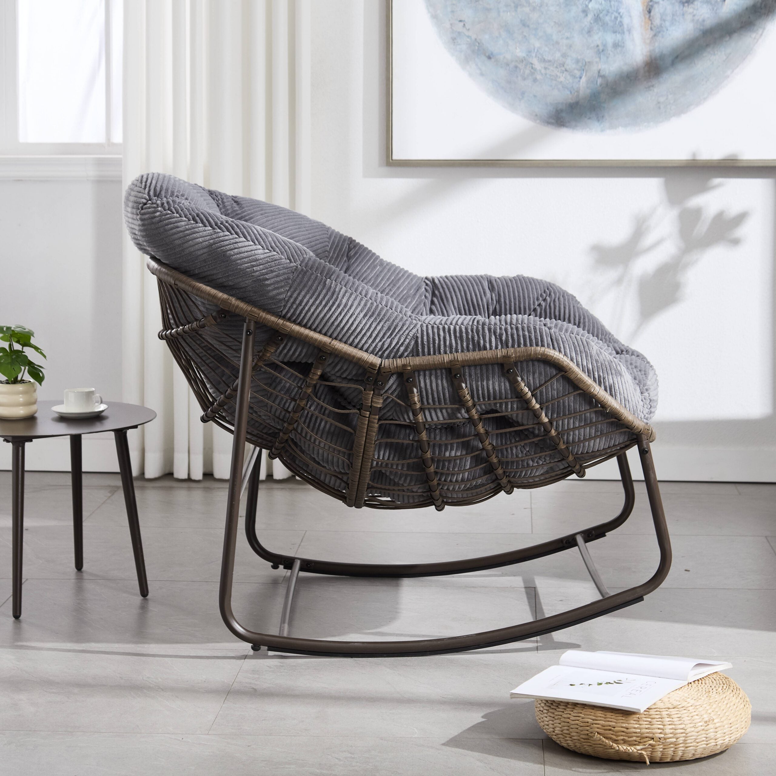 Velvet Outdoor Rattan Rocking Chair,Padded Cushion Rocker Recliner Chair Outdoor for Front Porch