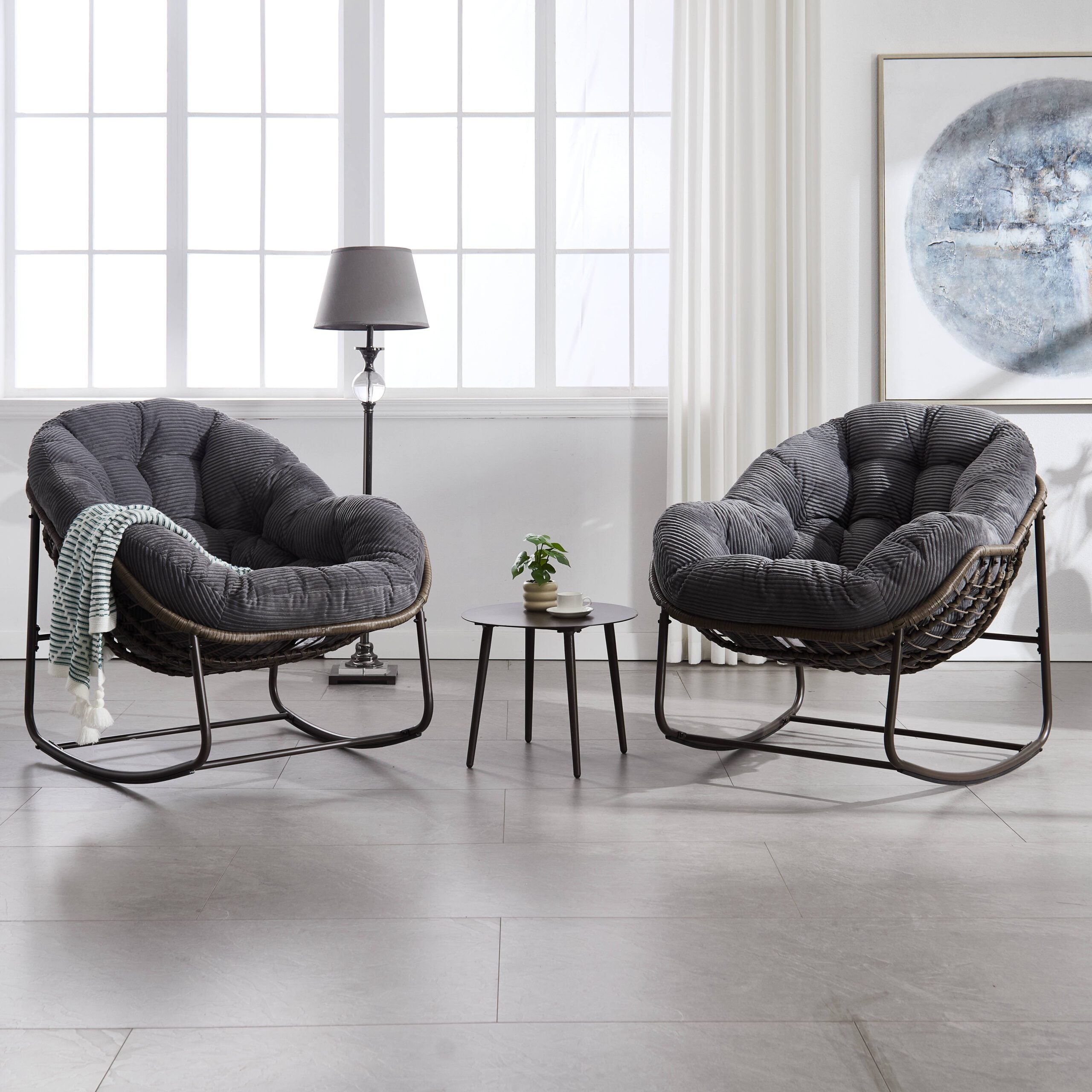 Velvet Outdoor Rattan Rocking Chair,Padded Cushion Rocker Recliner Chair Outdoor for Front Porch Secondary image
