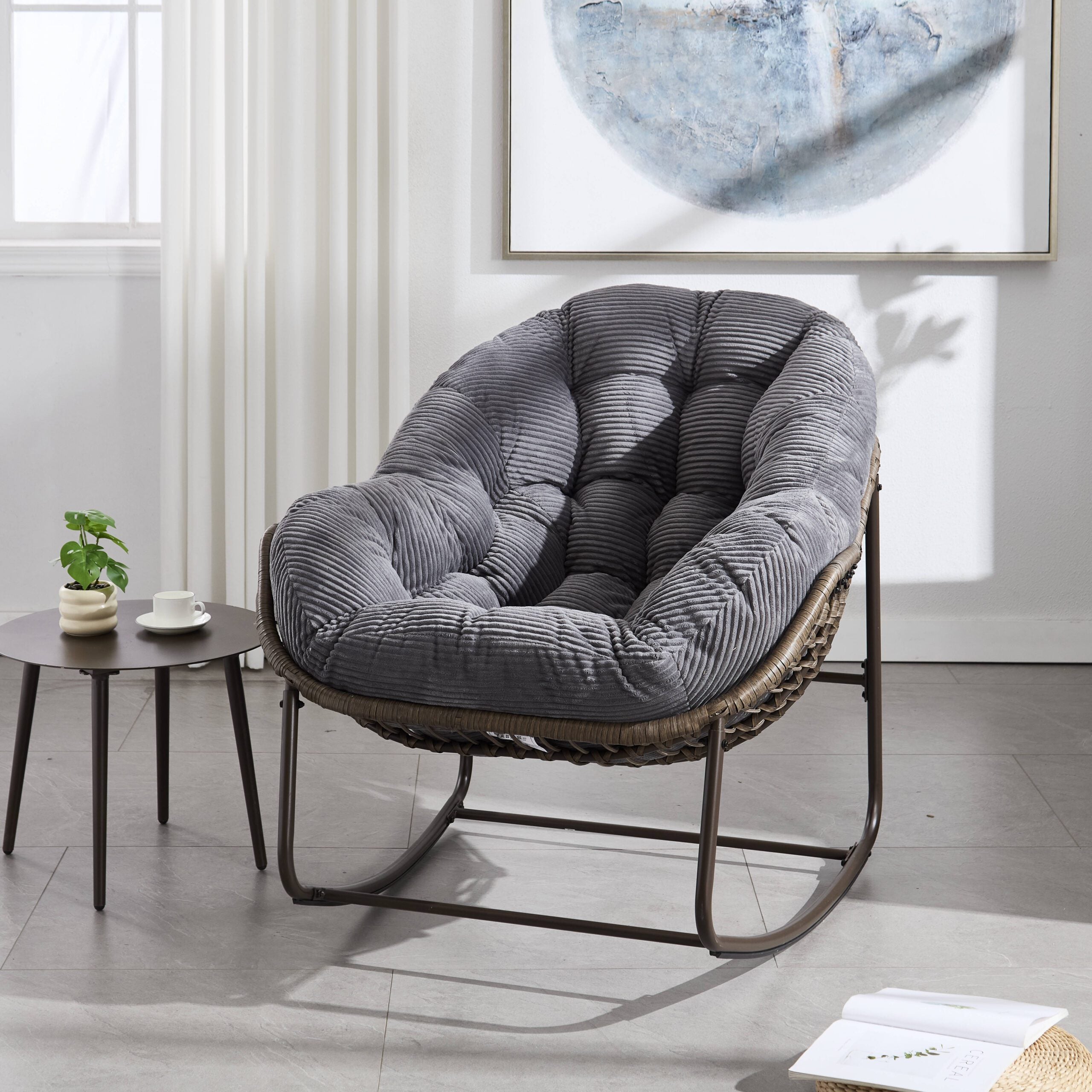 Velvet Outdoor Rattan Rocking Chair,Padded Cushion Rocker Recliner Chair Outdoor for Front Porch