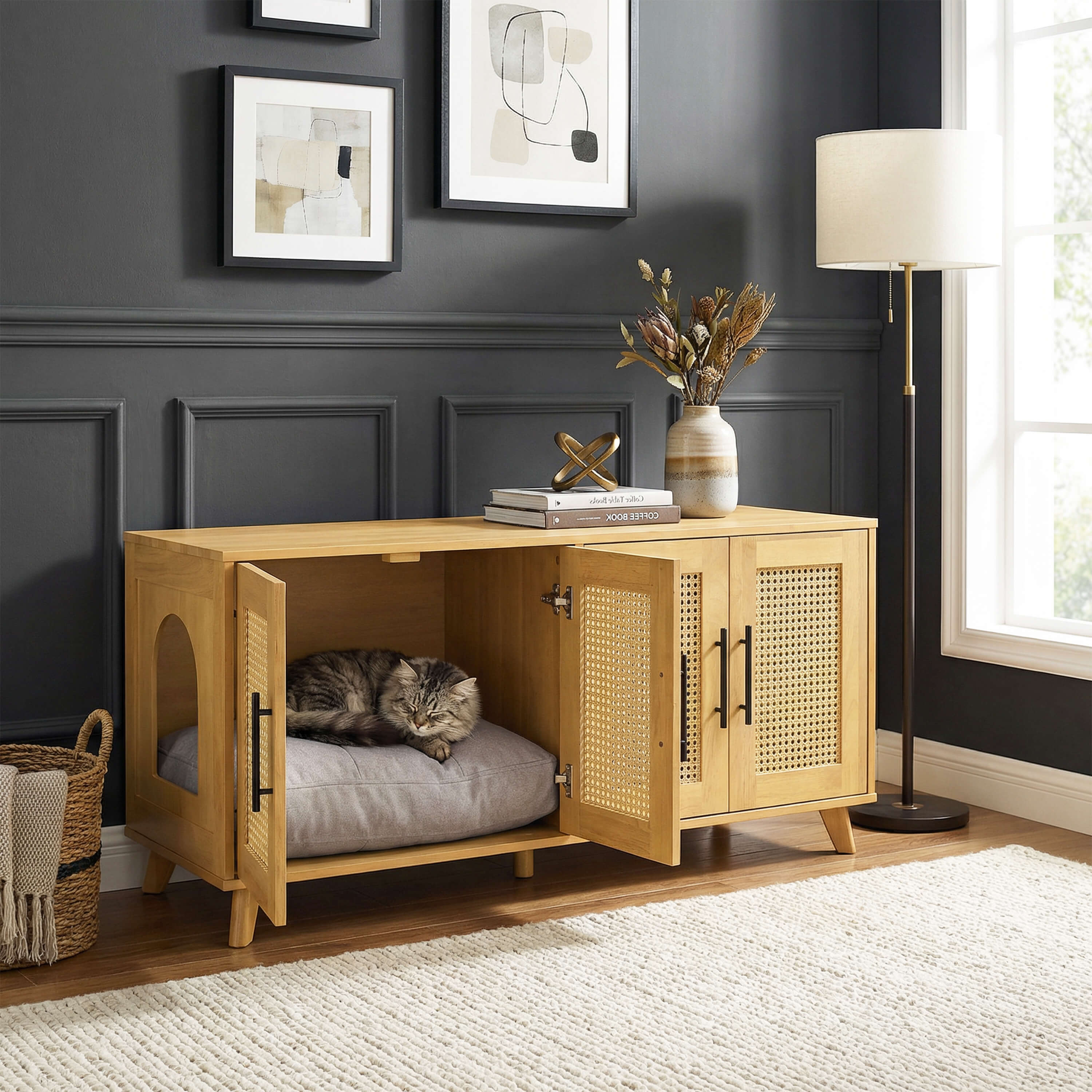 Myra Indoor Premium Rubber Wood Cat Cabinet with Plush Cushion – Stylish Hidden Pet Furniture for Modern Living Spaces