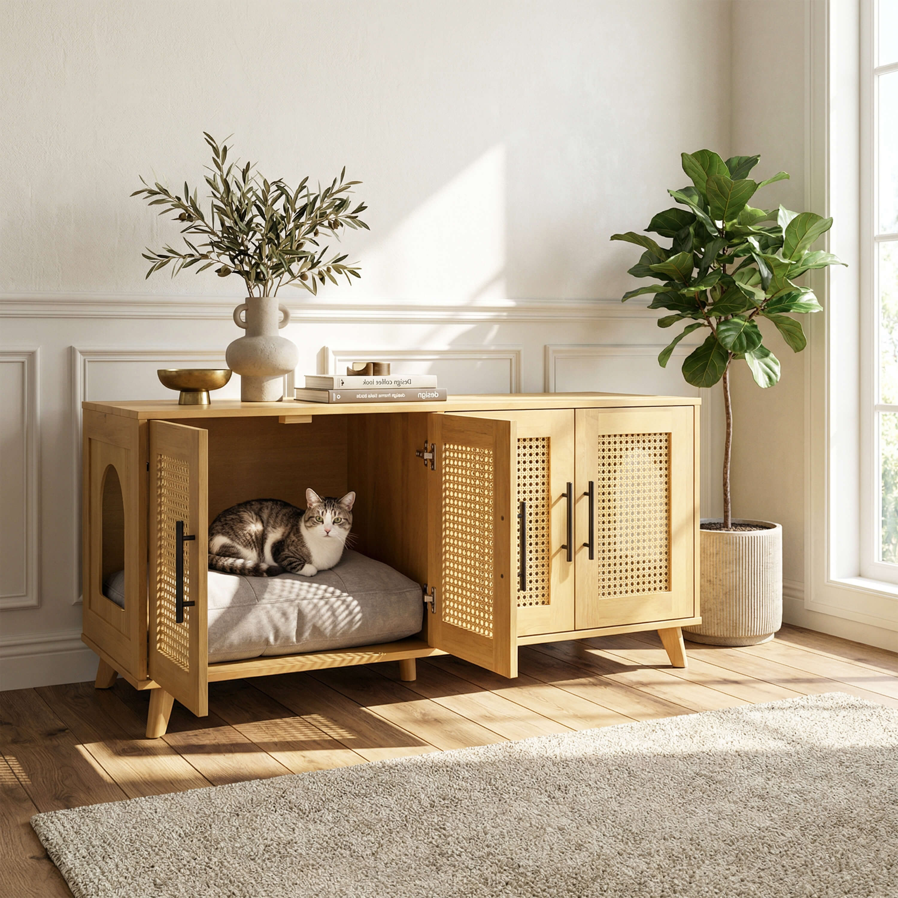 Myra Indoor Premium Rubber Wood Cat Cabinet with Plush Cushion – Stylish Hidden Pet Furniture for Modern Living Spaces Main image