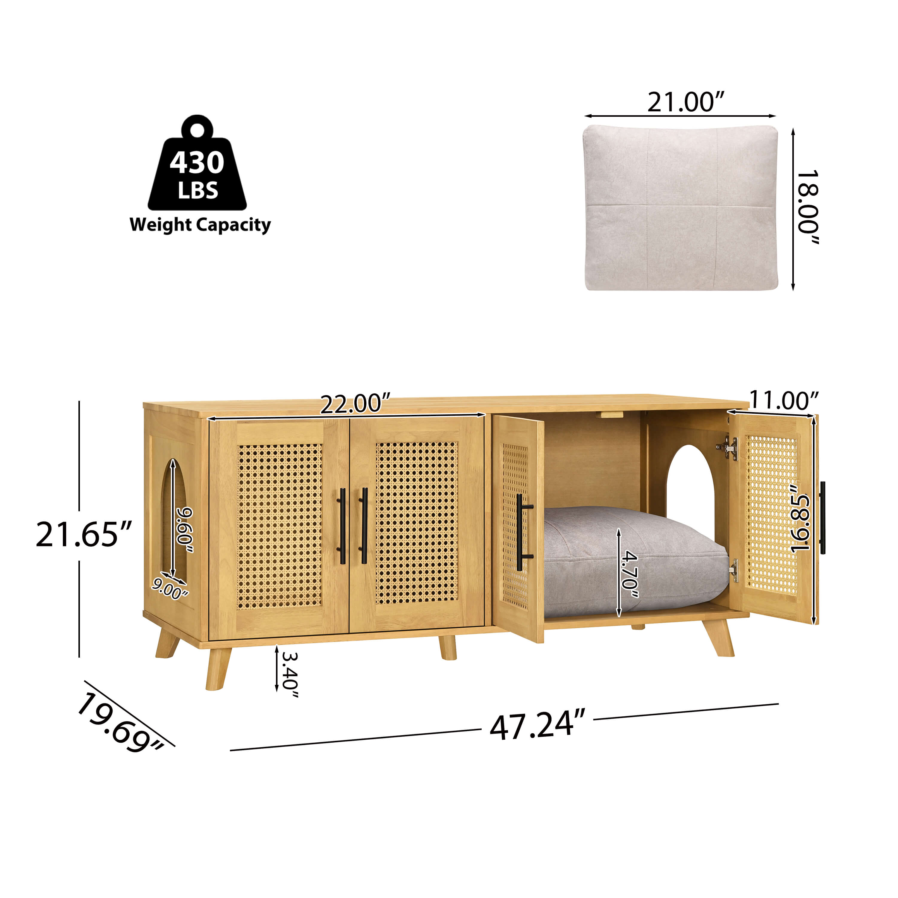 Myra Indoor Premium Rubber Wood Cat Cabinet with Plush Cushion – Stylish Hidden Pet Furniture for Modern Living Spaces