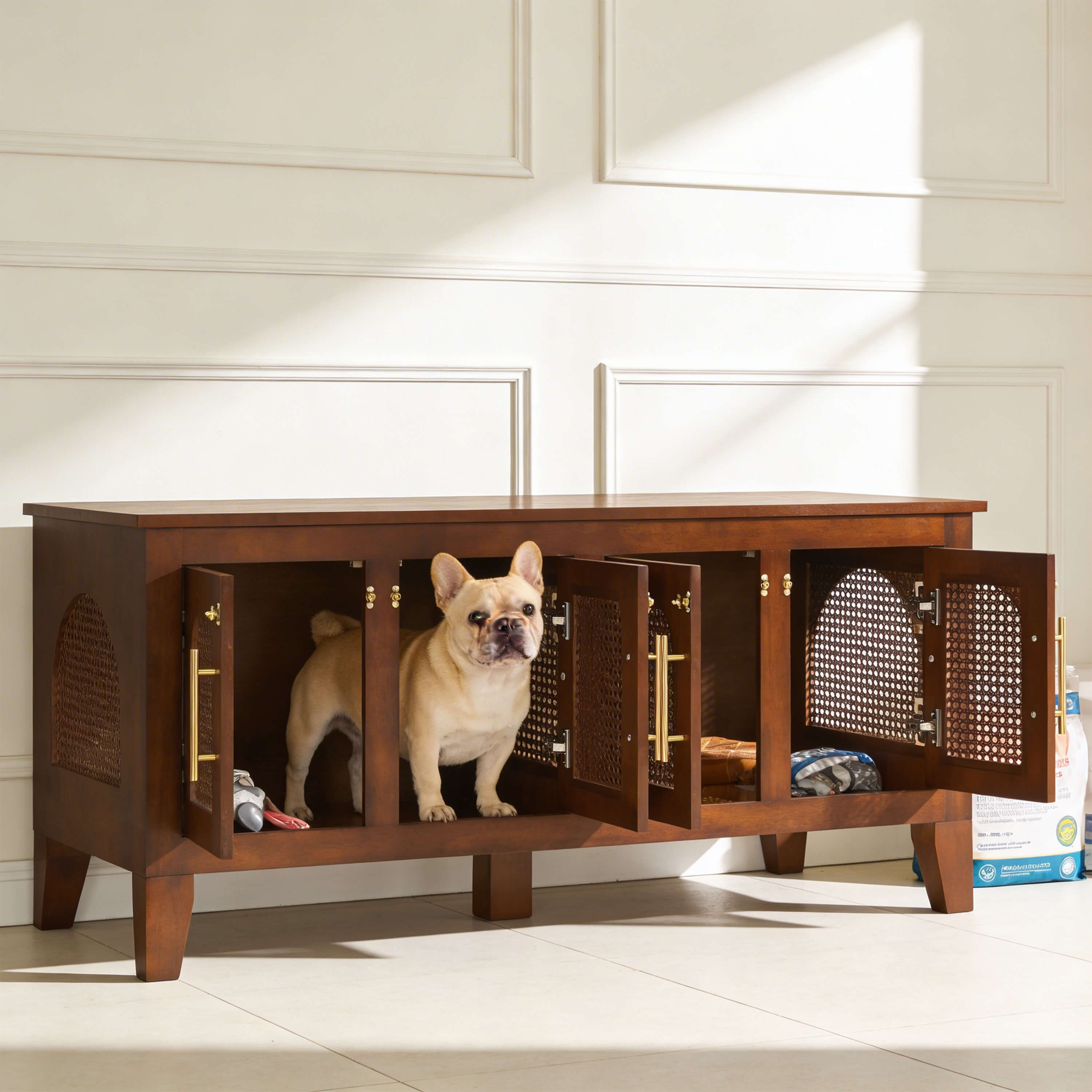 Lars Indoor Rattan Decorated Rubber Wood Dog Crate Cabinet – Stylish Pet Kennel with Storage & 4 Doors for Living Room