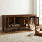 Lars Indoor Rattan Decorated Rubber Wood Dog Crate Cabinet – Stylish Pet Kennel with Storage & 4 Doors for Living Room