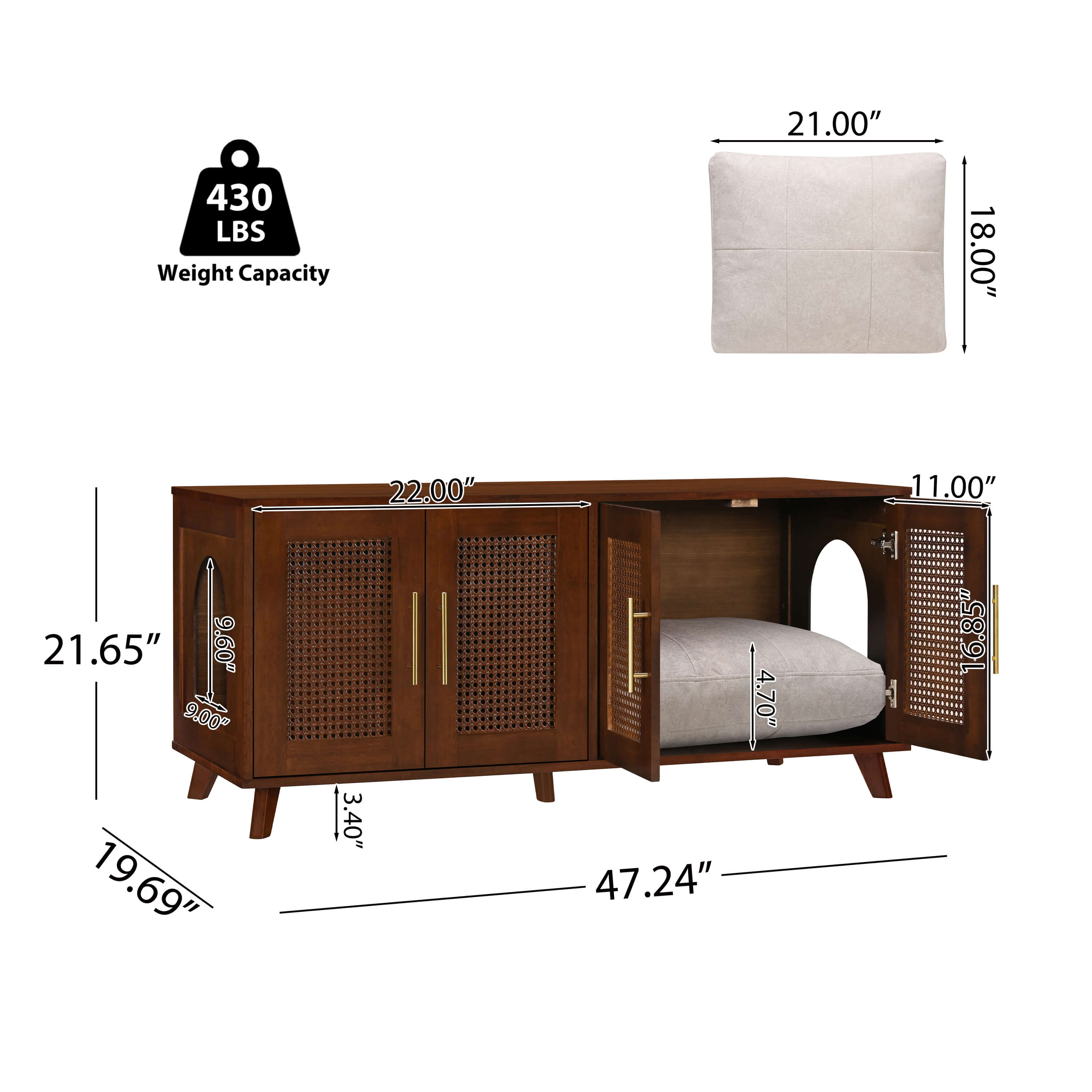 Myra Indoor Premium Rubber Wood Cat Cabinet with Plush Cushion – Stylish Hidden Pet Furniture for Modern Living Spaces
