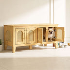Lars Indoor Rattan Decorated Rubber Wood Dog Crate Cabinet – Stylish Pet Kennel with Storage & 4 Doors for Living Room
