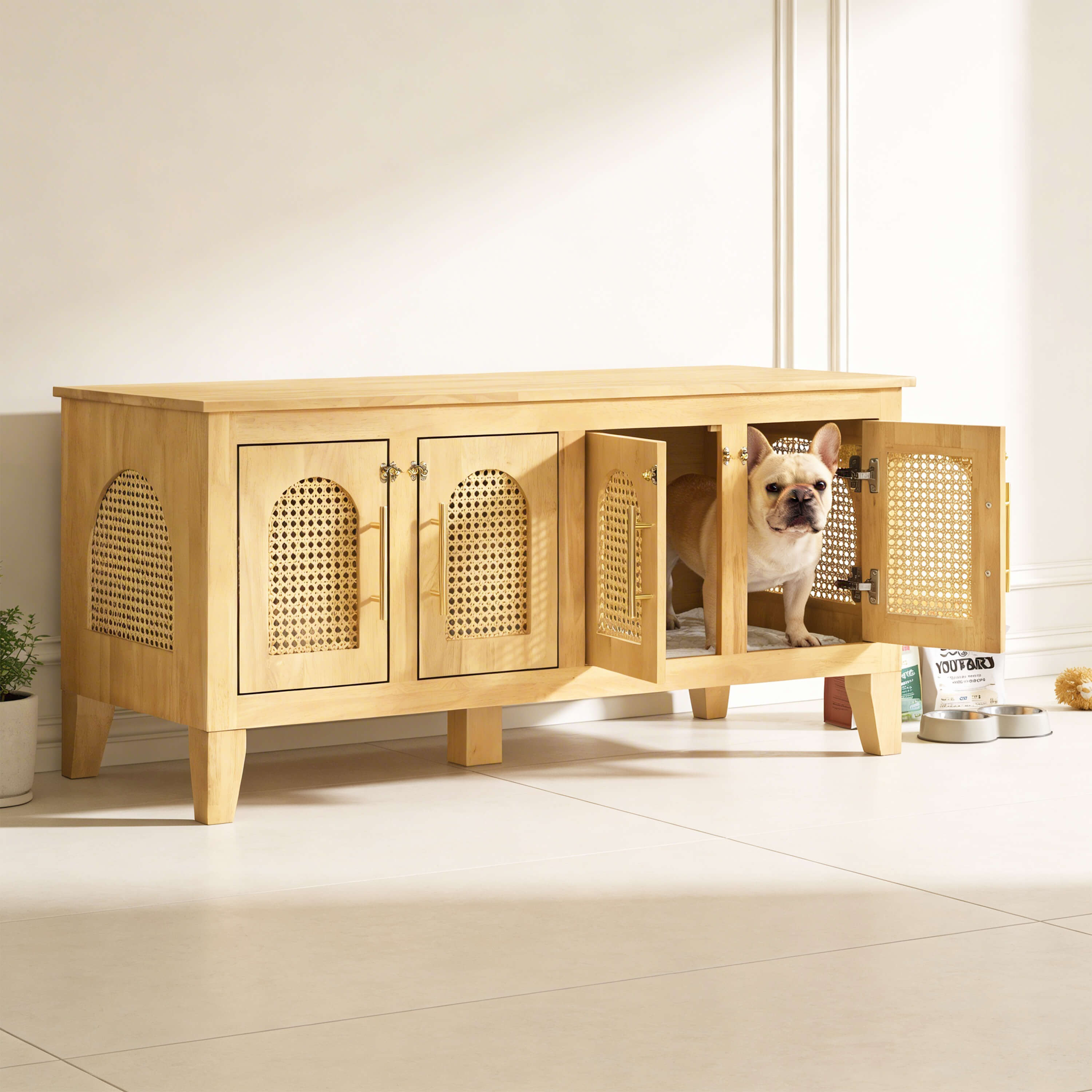 Lars Indoor Rattan Decorated Rubber Wood Dog Crate Cabinet – Stylish Pet Kennel with Storage & 4 Doors for Living Room