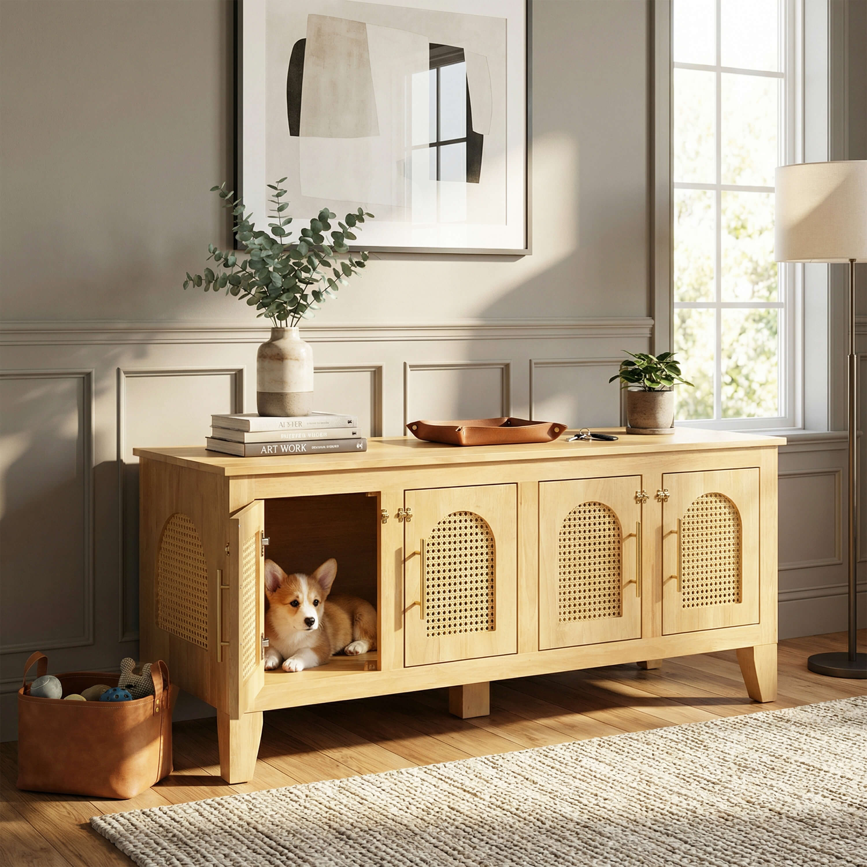 Lars Indoor Rattan Decorated Rubber Wood Dog Crate Cabinet – Stylish Pet Kennel with Storage & 4 Doors for Living Room Main image