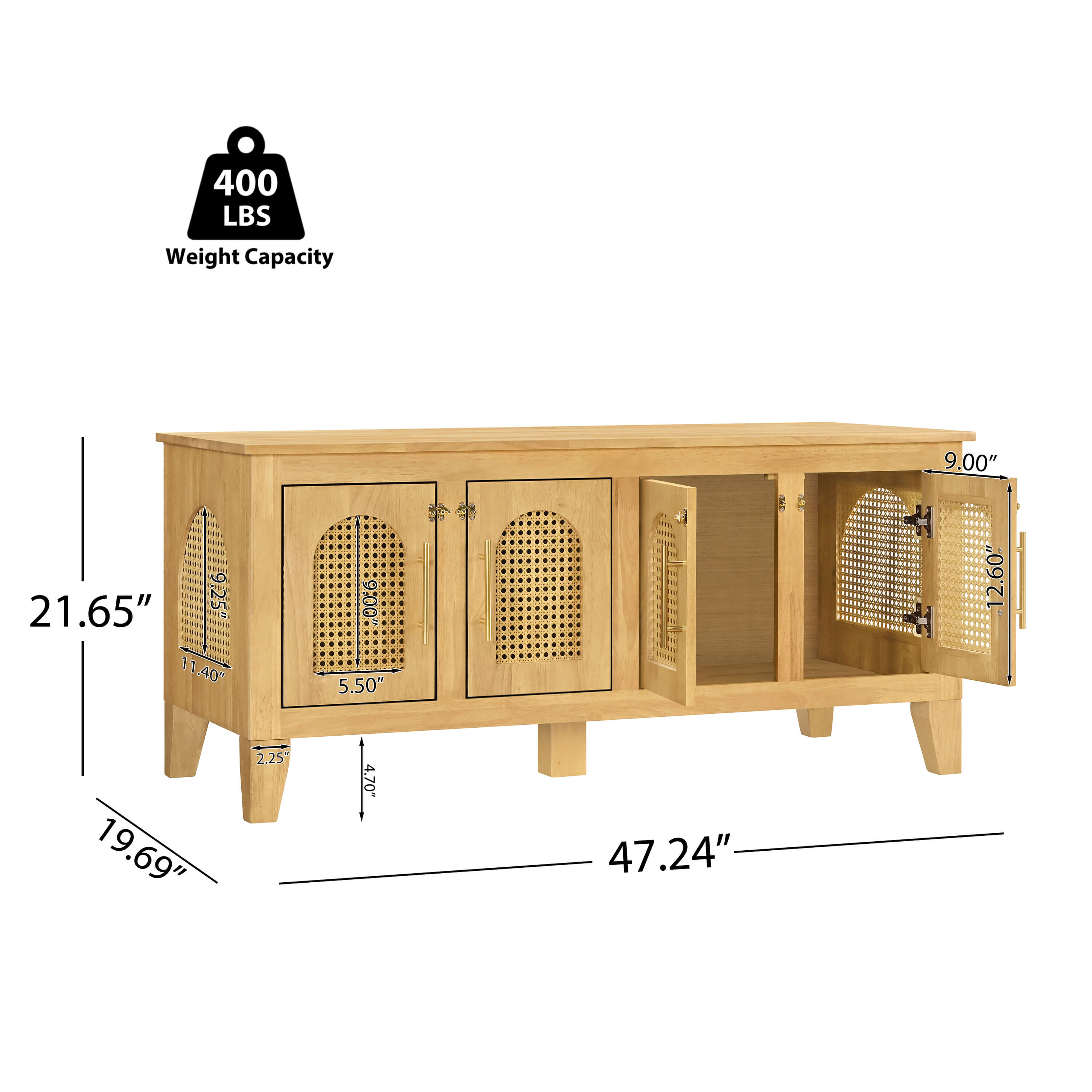 Lars Indoor Rattan Decorated Rubber Wood Dog Crate Cabinet – Stylish Pet Kennel with Storage & 4 Doors for Living Room