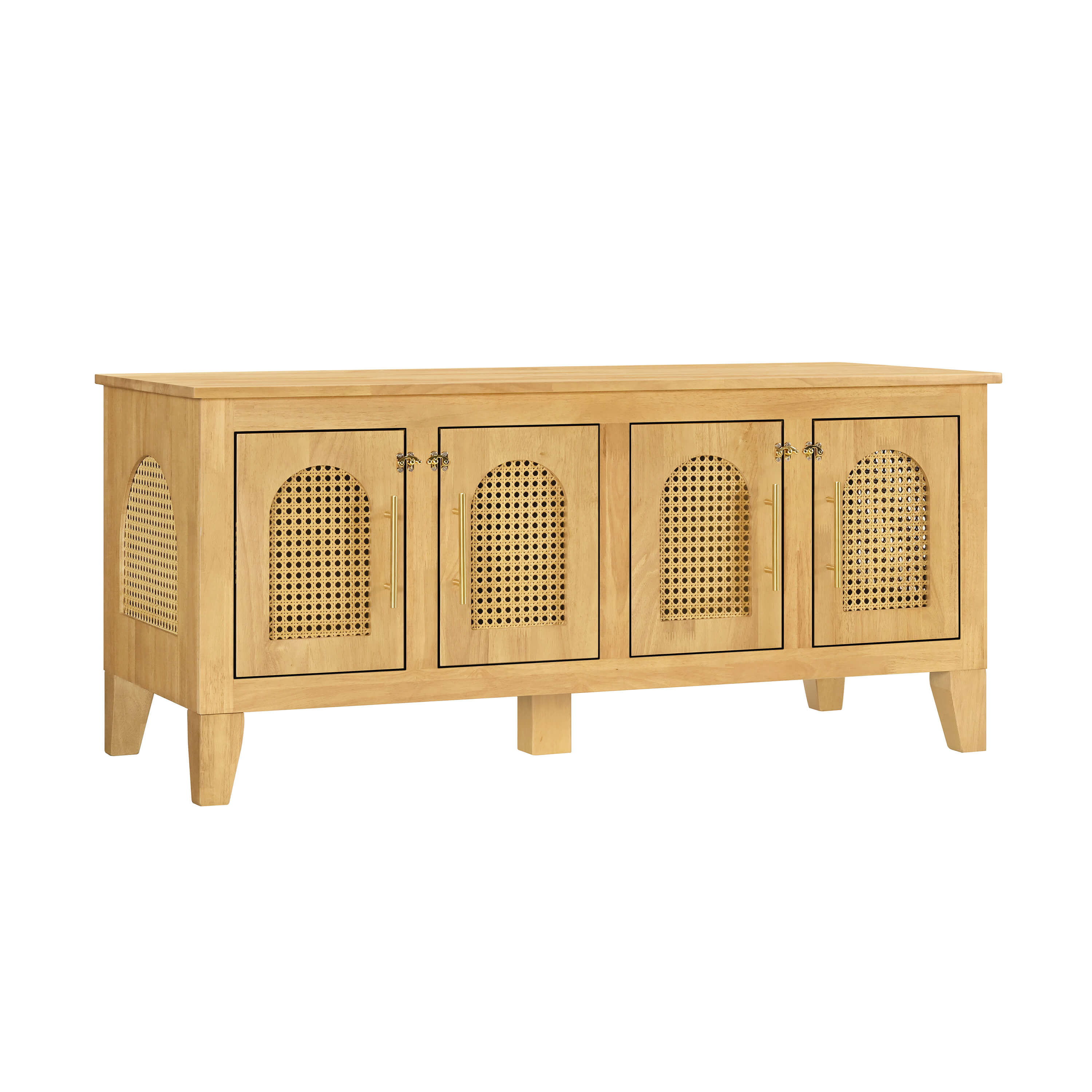 Lars Indoor Rattan Decorated Rubber Wood Dog Crate Cabinet – Stylish Pet Kennel with Storage & 4 Doors for Living Room