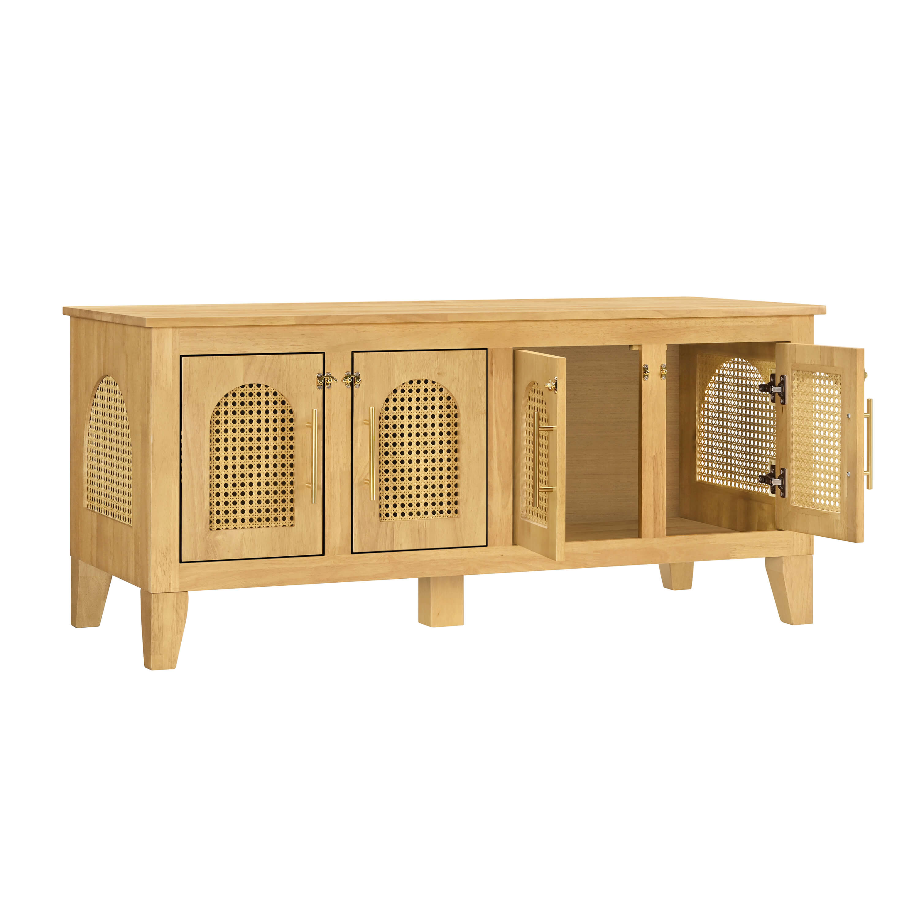 Lars Indoor Rattan Decorated Rubber Wood Dog Crate Cabinet – Stylish Pet Kennel with Storage & 4 Doors for Living Room