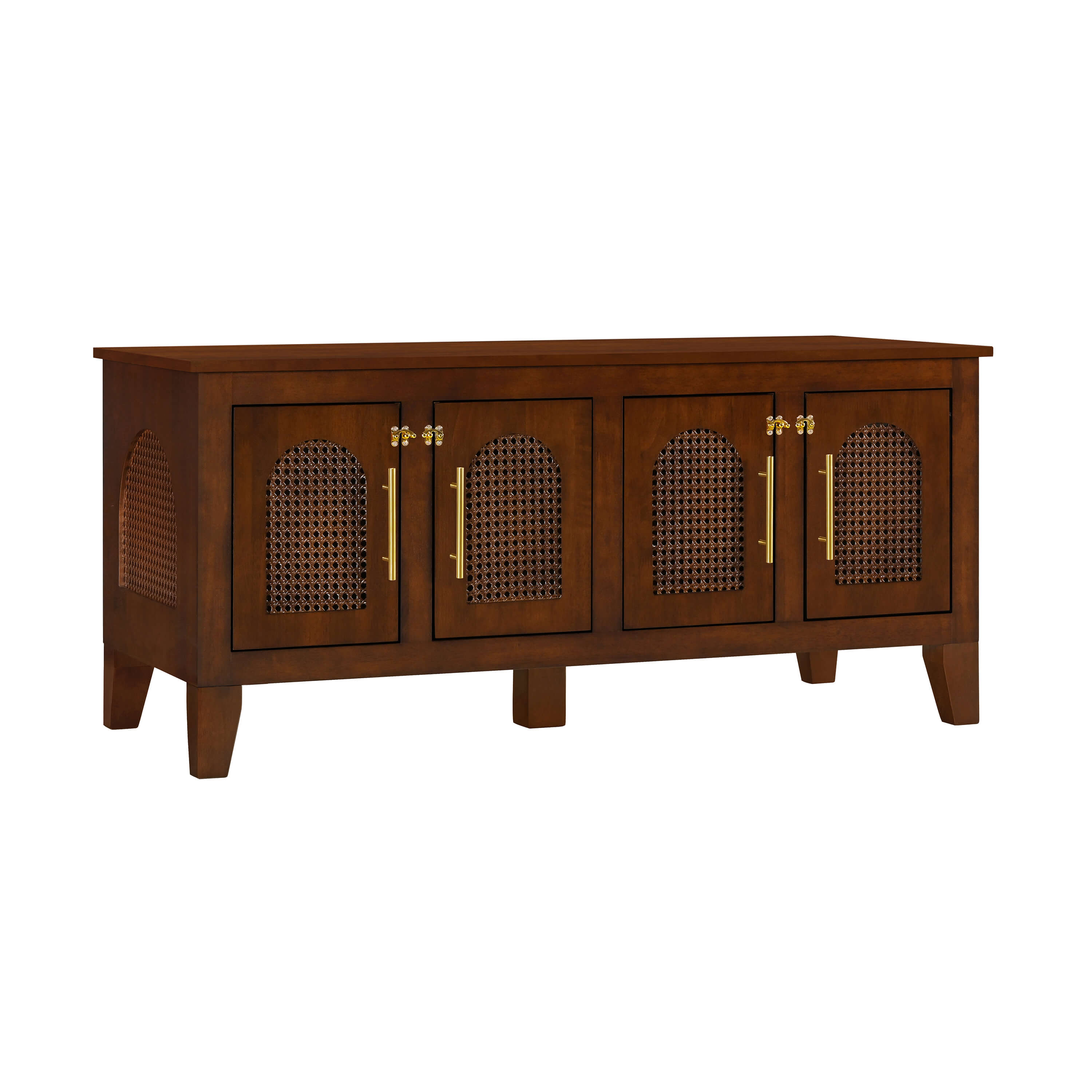 Lars Indoor Rattan Decorated Rubber Wood Dog Crate Cabinet – Stylish Pet Kennel with Storage & 4 Doors for Living Room